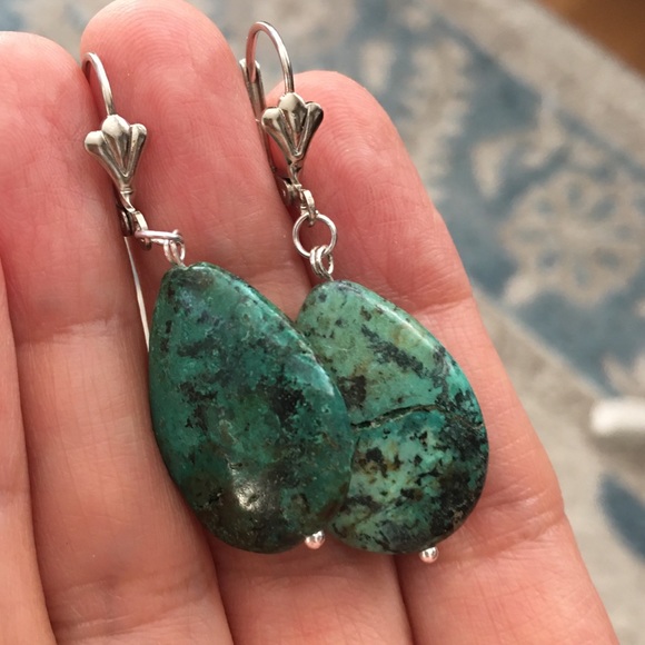 Natural chrysocolla silver tone drop earrings - Picture 7 of 7